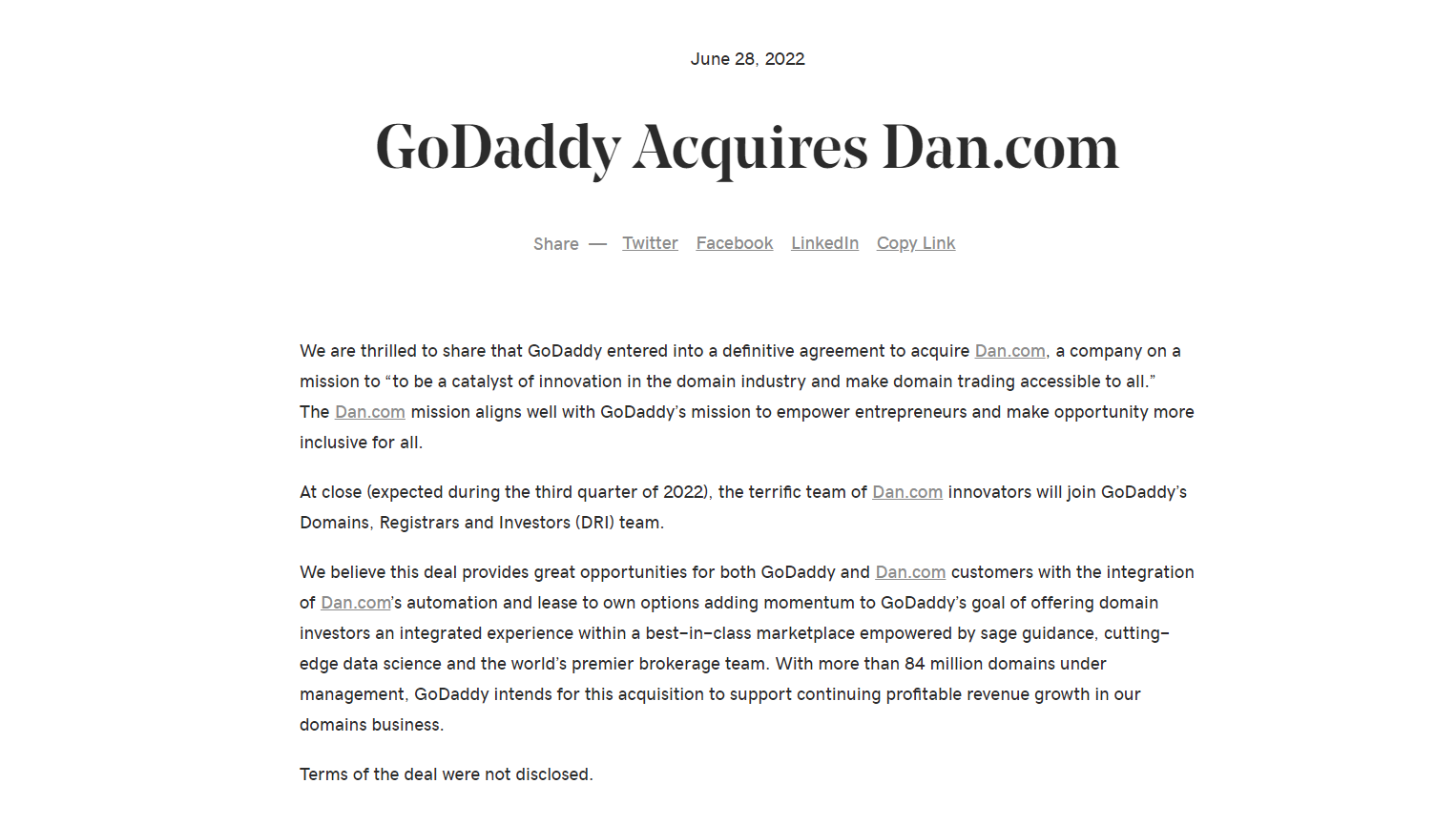Godaddy宣布收购Dan